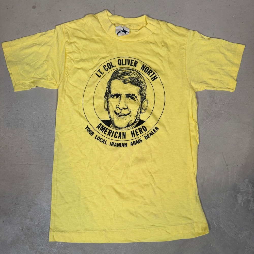 Vintage 80s Oliver North American Hero Satirical T-Shirt Yellow Medium Iran war